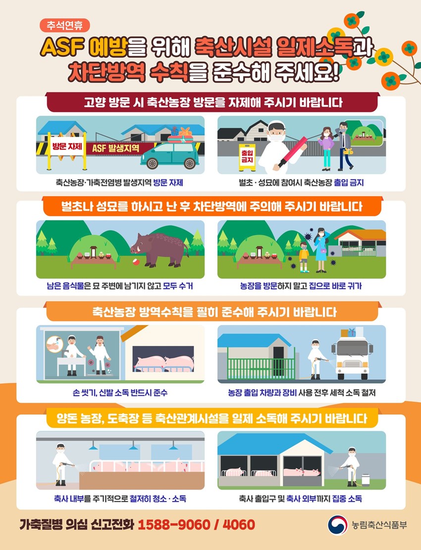 1.ASF 예방을 위해 축산시설 일제소독과 차단방역 수칙을 준수해 주세요.